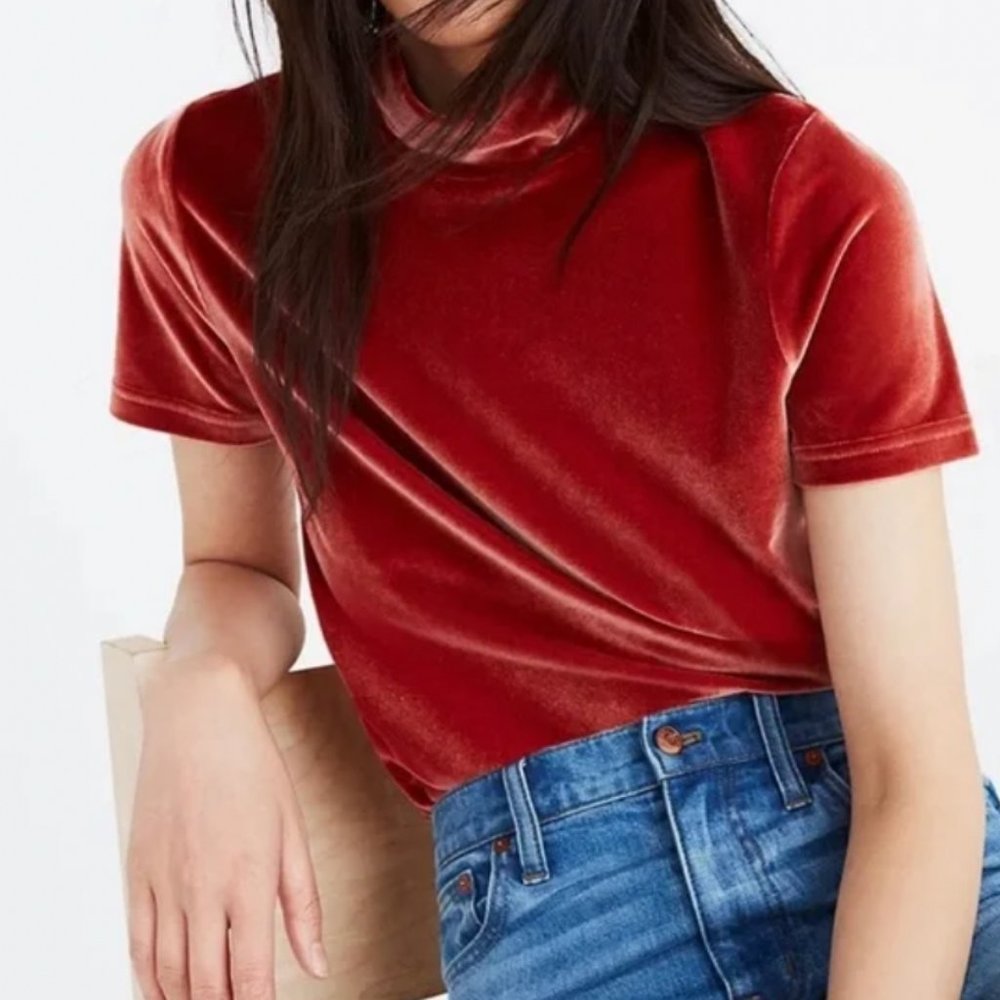 Madewell Blouse Women's Small Burnt Orange Velour Mock Turtleneck Short Sleeve